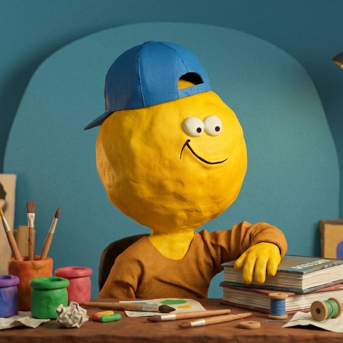 A stop-motion style animation features a yellow clay figure wearing a blue baseball cap backwards, sitting at a desk with art supplies including paint pots, brushes, and books.