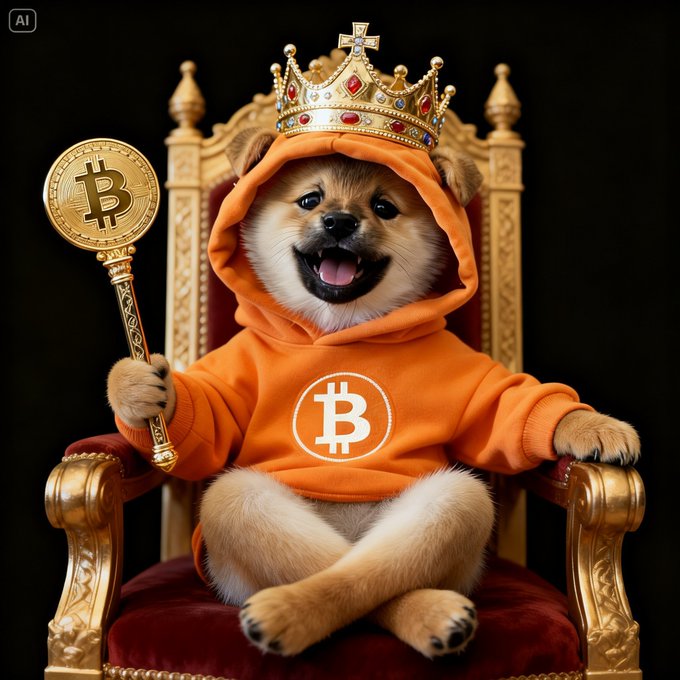 An AI-generated image of a Shiba Inu dog wearing an orange Bitcoin hoodie and a jeweled crown, sitting on a throne while holding a Bitcoin scepter.