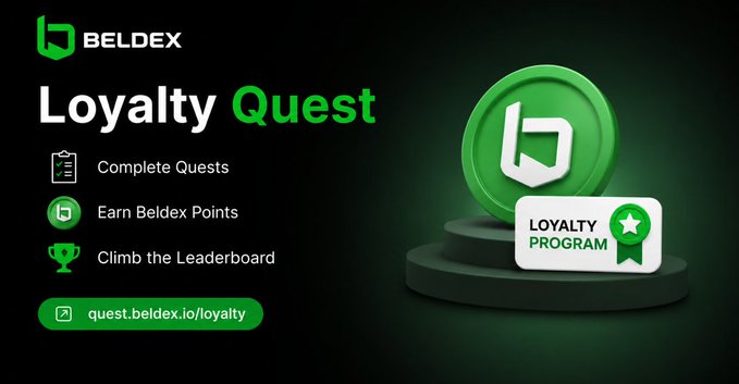 A Beldex 'Loyalty Quest' promotional banner featuring a green 3D coin and listing program benefits: 'Complete Quests', 'Earn Beldex Points', and 'Climb the Leaderboard', with link 'quest.beldex.io/loyalty'.