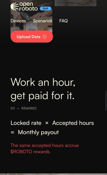 A dark-themed OpenRoboto webpage shows a section labeled "03 – REWARDS" with the headline "Work an hour, get paid for it," followed by the formula "Locked rate × Accepted hours = Monthly payout" and a note in red that "The same accepted hours accrue $ROBOTO rewards." The page illustrates Shift's payment model, emphasizing that users earn both fiat payouts and $ROBOTO tokens on Bittensor for the clean, accepted hours they record while wearing the head camera.