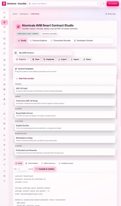 A screenshot of the "Universe - Inscrive" platform showing the "Atomicals AVM Smart Contract Studio" with contract templates and code editing for an "AVM Contract."