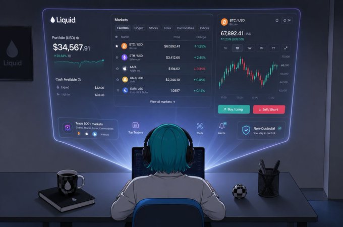 Anime-style illustration of a teal-haired person at a desk using the 'Liquid' cryptocurrency trading platform, with BTC/USD priced at $67,892.41 displayed on a floating holographic interface showing markets and a candlestick chart.