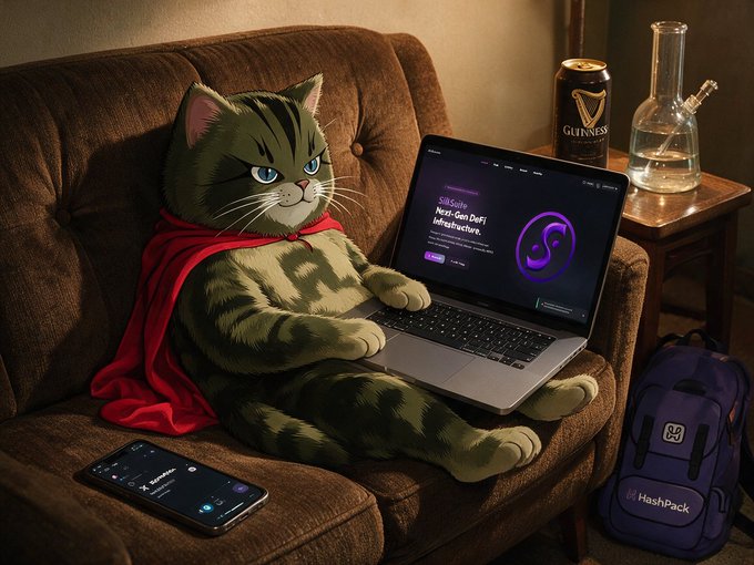 A cartoon cat wearing a red cape sits in a brown armchair using a laptop displaying a 'Sui DeFi Infrastructure' website, with a Guinness can, glass bong, smartphone, and purple 'HashPack' backpack nearby.