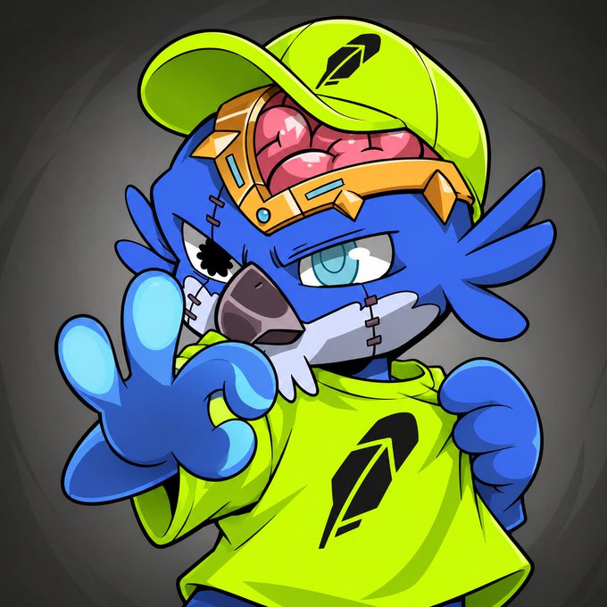 A digital cartoon illustration of a blue, zombie-like character wearing a neon green hat and shirt with a black logo, displaying a peace sign.