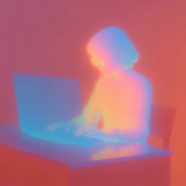 The image features a person sitting at a desk, using a laptop computer. The background of the photo has a pinkish hue, which creates an interesting visual effect when combined with the blue screen of the laptop. The person's face can be seen in the top right corner of the frame, adding depth to the scene and making it more engaging for viewers.