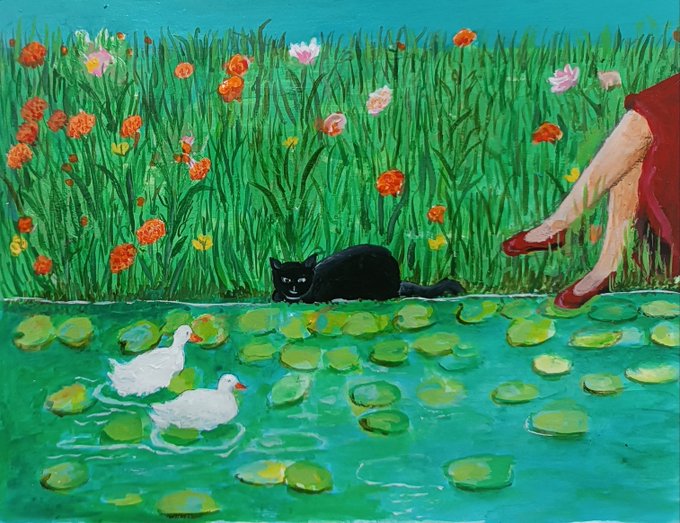 A painting depicting a pond with two white ducks and lily pads, a black cat crouching on the grassy bank among colorful flowers, and the lower half of a woman in a red dress and shoes visible on the right.