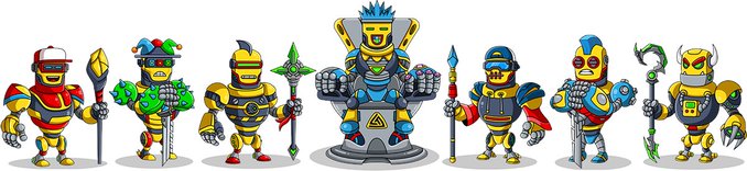 A row of seven cartoon-style robot warriors or characters with colorful armor and weapons, including a central blue-armored figure standing on a pedestal.