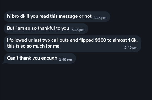 A screenshot of a direct message expressing gratitude for call-out posts, with the user sharing they turned $300 into almost $1.6K, aligning with the post celebrating successful trades on Pumpfun.