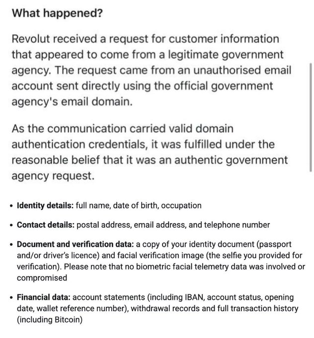 A text excerpt titled 'What happened?' from Revolut explaining that a spoofed government email led to disclosure of customer data, including identity, contact, document/verification, and financial details including Bitcoin transactions.