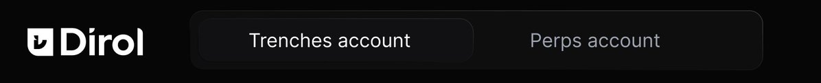 A dark-themed interface shows the "Dirol" logo alongside two account tabs labeled "Trenches account" and "Perps account," visually reinforcing the post's point that current perpetual trading platforms have a dull, outdated UI that needs a social makeover.