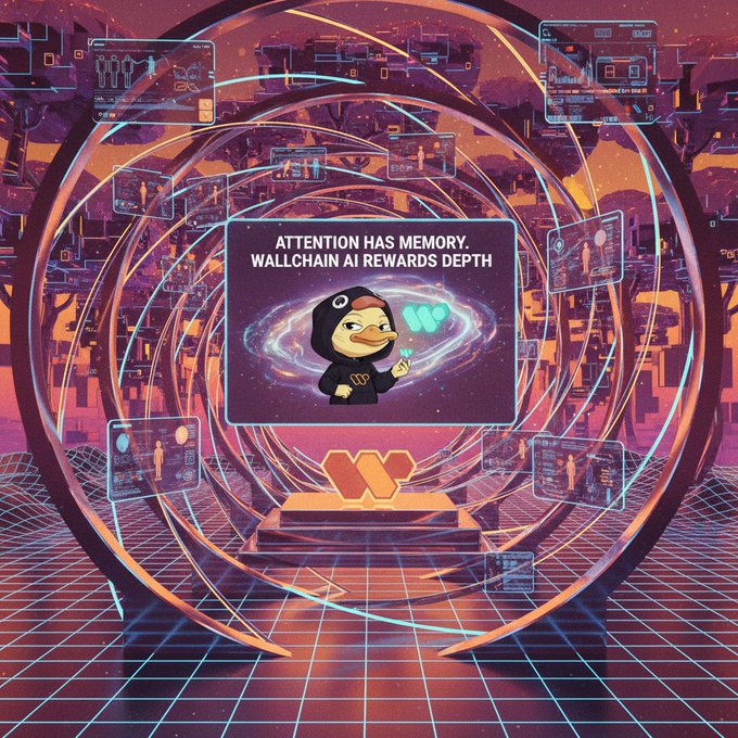 urns of gold and blue, a black bird with wings spread, and a sign reading "ATTENTION HAS MEMORY WALLCHAIN AI RIGHTS DIVIDENDY" surround a cartoon character holding a sword.