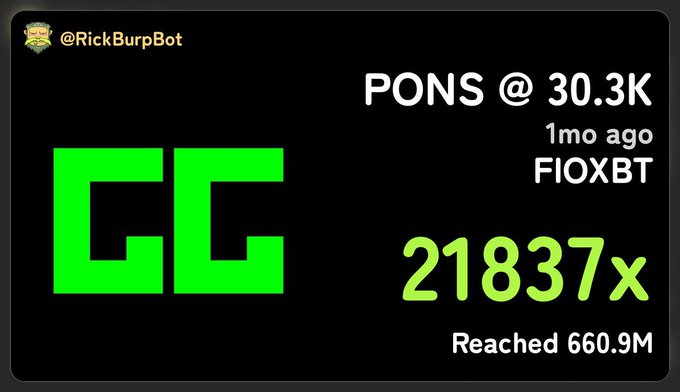 A graphic showing green 'GG' letters with text reading '@RickBurpBot', 'PONS @ 30.3K', '1mo ago FIOXBT', and '21837x Reached 660.9M'.