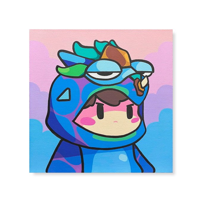 An illustration of a character wearing a colorful blue dragon costume hood with multicolored spikes, set against a pink and blue cloud background.