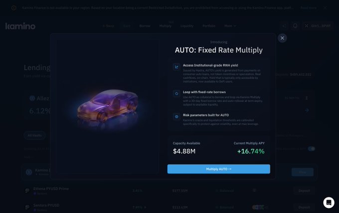 A Kamino Finance interface introducing 'AUTO: Fixed Rate Multiply' product with capacity of $4.88M and current multiply APY of +16.74%, though the app is restricted in the user's region.