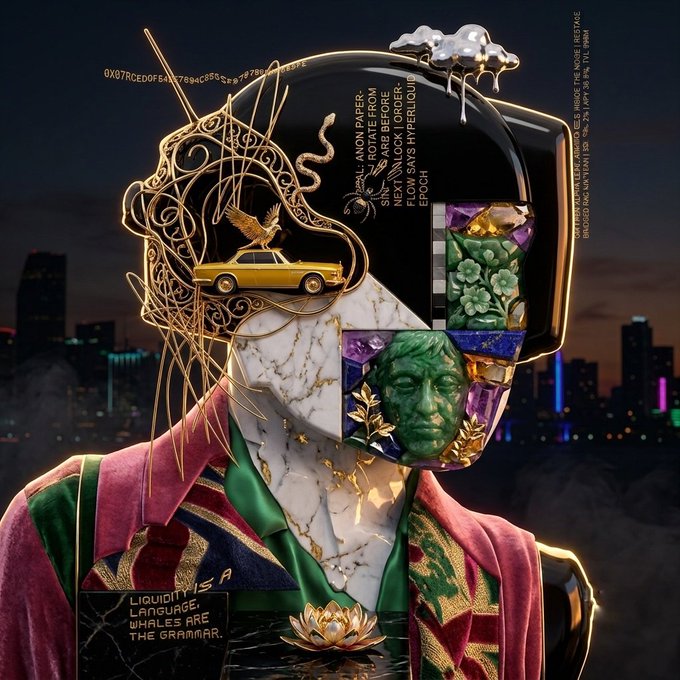 An elaborate surrealist digital artwork featuring a fragmented figure with a helmet containing a golden bird and car, a green classical bust, stained glass florals, and text about a '22-LANGUAGE PAPER' and 'LIQUID VISA LANGUAGE'.