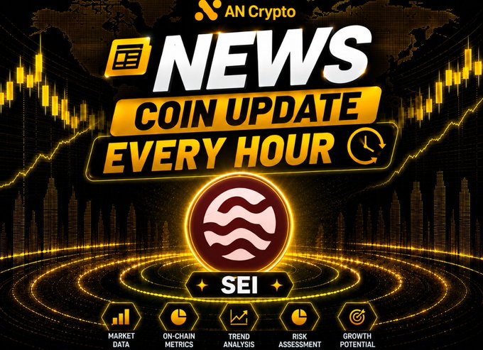 A promotional crypto news graphic from AN Crypto advertising hourly coin updates, featuring the SEI logo prominently alongside icons for Market Data, On-Chain Metrics, Trend Analysis, Risk Assessment, and Growth Potential, which ties to the post discussing SEI's recent 28% price surge and current consolidation.