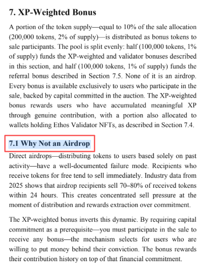 Document section titled '7. XP-Weighted Bonus' explaining token distribution mechanics, with a red box highlighting the subheading '7.1 Why Not an Airdrop' and discussing why direct airdrops fail with 70-80% sell-off rates.
