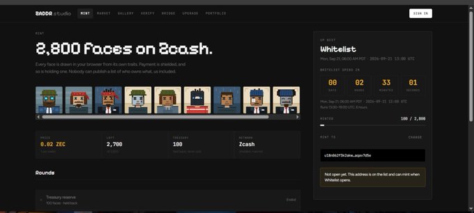 The image displays a webpage for "2,800 Faces on 2cash" by Badada Studio, featuring pixel-art face NFTs with a mint price of 0.02 ZEC and 2,700 already minted, alongside a whitelist section showing a 1 PM–7 PM UTC mint window on September 21, 2024, directly corresponding to the upcoming @zaddrnet mint details mentioned in the post.