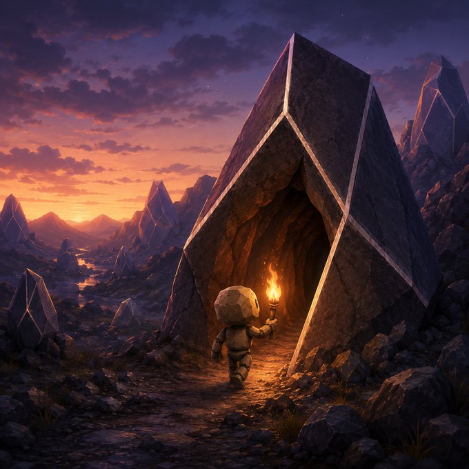 A digital artwork depicts a small humanoid figure holding a torch, entering a large geometric crystal/rock cave entrance in a rocky landscape at sunset.