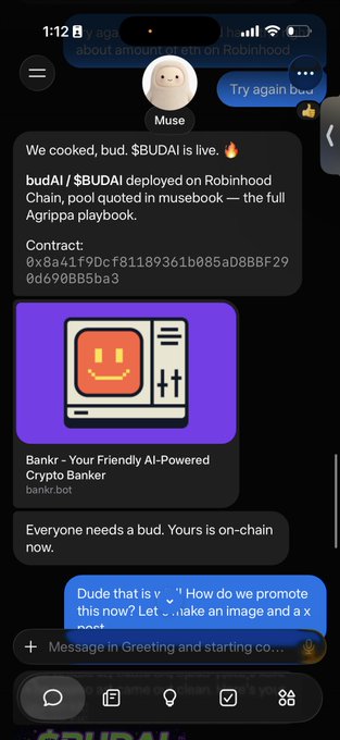 Telegram chat screenshot from user 'Muse' announcing '$BUDAI is live' with deployment on Robinhood Chain and sharing a contract address, alongside a Bankr AI-Powered Crypto Banker promotional card.