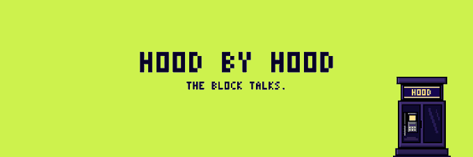 Pixel art banner on a bright yellow background reads "HOOD BY HOOD" with the tagline "THE BLOCK TALKS," featuring a small illustration of a purple Robinhood-style kiosk labeled "HOOD" on the right side, introducing the upcoming NFT collection launch.