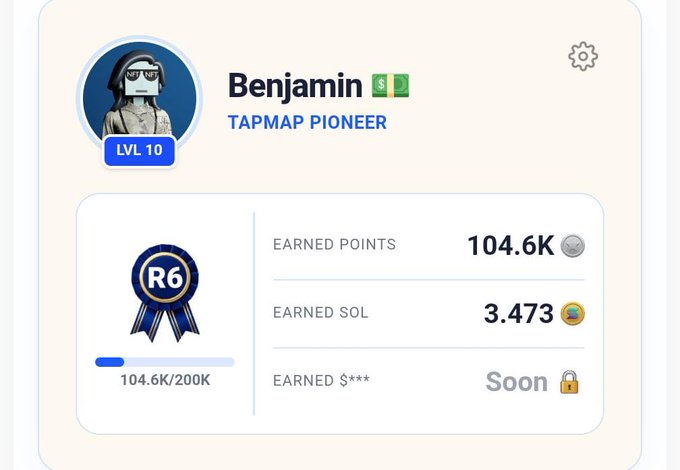 A user profile screen showing 'Benjamin' as a 'TAPMAP PIONEER' at Level 10 with 104.6K earned points and 3.473 earned SOL.