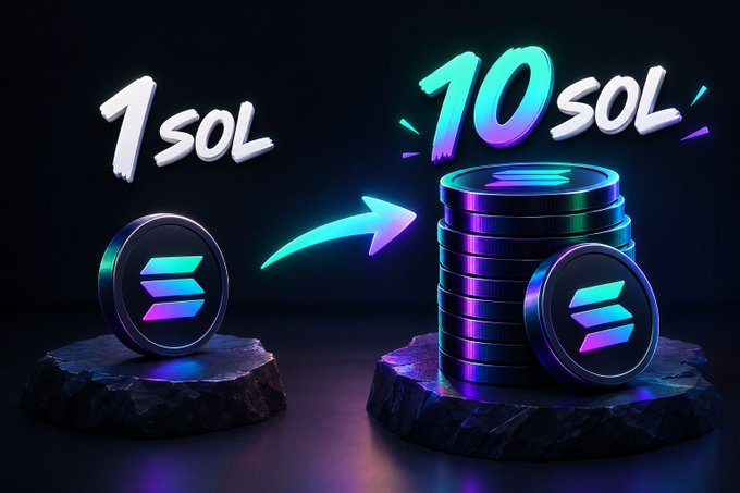 A 3D-rendered graphic showing a single Solana (SOL) coin on the left pointing with a glowing arrow to a stack of ten SOL coins on the right, illustrating a 10x increase.