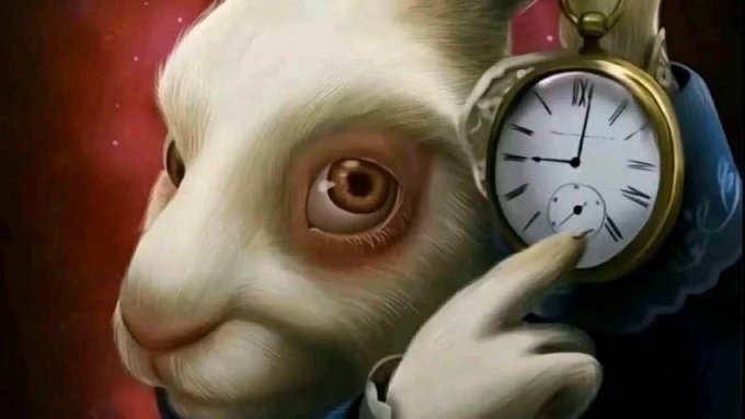 A concerned-looking white rabbit wearing a blue coat holds up a gold pocket watch displaying a classic clock face, referencing the iconic "White Rabbit" from Alice in Wonderland. The image ties to the post by symbolizing the urgency and warning—much like the White Rabbit's famous cry of "I'm late, I'm late!"—urging the reader not to rush into bridging funds to Hyperliquid without proper knowledge.