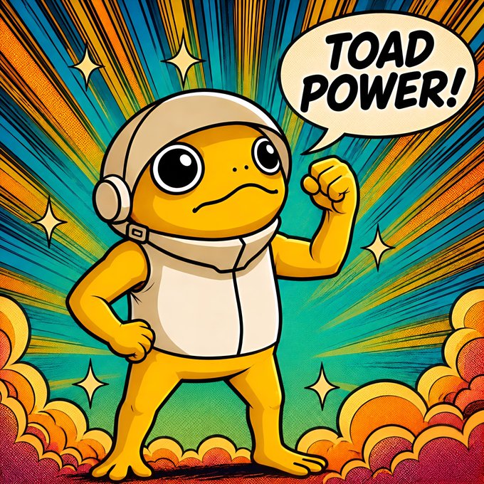 A determined cartoon toad wearing a helmet flexes its muscles while declaring "TOAD POWER!" in a comic-style speech bubble, surrounded by a vibrant starburst background. The image embodies the post's theme of community-driven energy, visually representing the rallying spirit behind the $TURBO token.