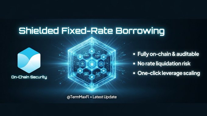A promotional graphic titled "Shielded Fixed-Rate Borrowing" featuring a glowing blue hexagonal shield icon and an "On-Chain Security" badge, highlighting features like being fully on-chain & auditable, no rate liquidation risk, and one-click leverage scaling, credited to @TermMaxFi. The image visually reinforces the post's emphasis on TermMaxFi's transparent, on-chain architecture and verifiable security design.