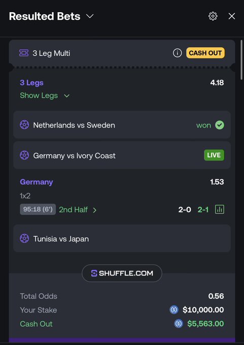 The image shows a screenshot of a sports betting app or website, displaying various bets for different games like football (FIFA) and cricket. There are multiple positions being played, some of which include 3-legged multi-team and 3-legged single-team matches. The app or website is in the process of cashing out for one player named "Yugoslav". In addition to this information, there's a summary of the results for each game showing who won and how much was wagered. A user has already paid $10,000 to participate in this bet, indicating they have cashed out their entire investment at that moment.