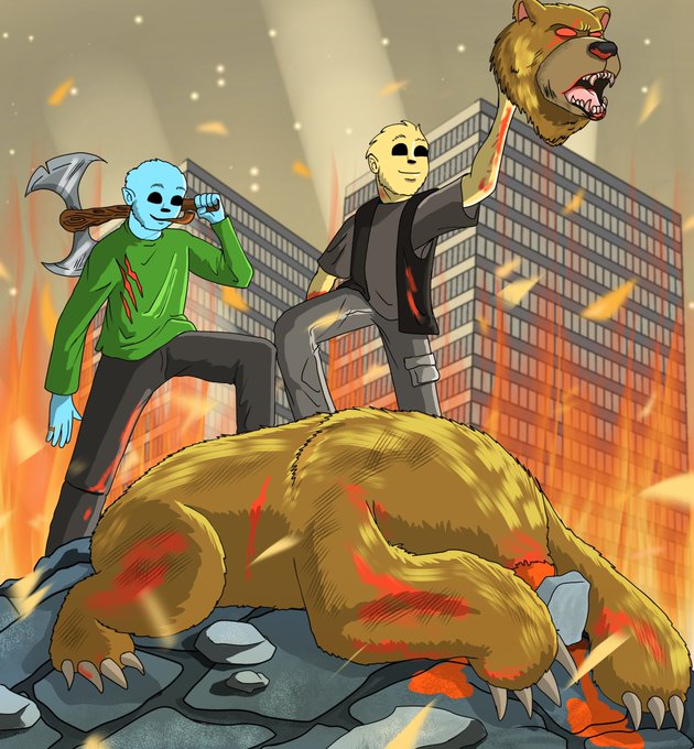 A digital illustration depicting two characters, one wielding an axe and the other holding a severed bear head, standing on a defeated bear in a burning city setting.