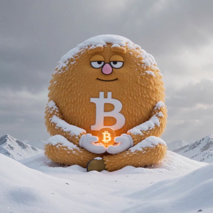 A snow-covered, round Bitcoin mascot sits in a snowy mountain landscape, holding a glowing Bitcoin coin beneath a large white “₿” on its body.