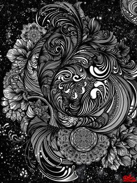 An intricate black and white psychedelic illustration features swirling patterns, floral motifs, and a small figure with a clock face.