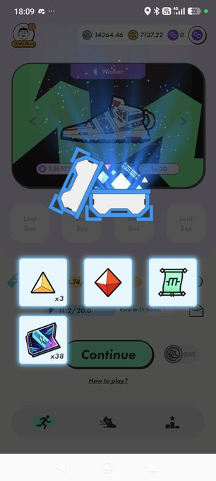 Mobile game interface showing a 'Walker' sneaker NFT being crafted with loot boxes, displaying 14,364.46 coins, 7,137.22, and 23,657 GST.