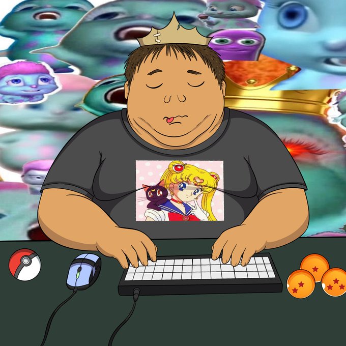 A cartoon avatar of an overweight "NEET" character wearing a crown and a t-shirt featuring Sailor Moon and Luna, sitting at a keyboard with Dragon Balls and a Poké Ball nearby, surrounded by a backdrop of distorted frog-like meme faces—visually reinforcing the post's self-deprecating "NEET chud" humor and the absurd "king of the frogs" energy behind the teased NFT project reveal.
