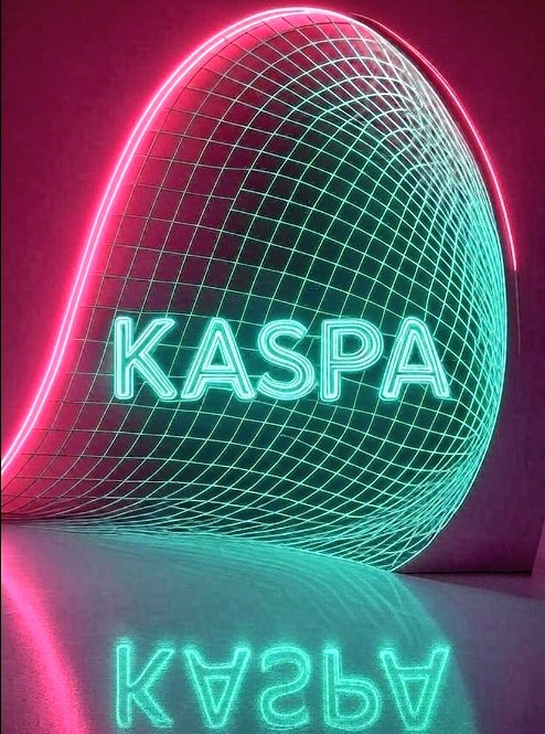 A neon sign featuring the word 'KASPA' in cyan light against a magenta grid background, with its reflection visible below.