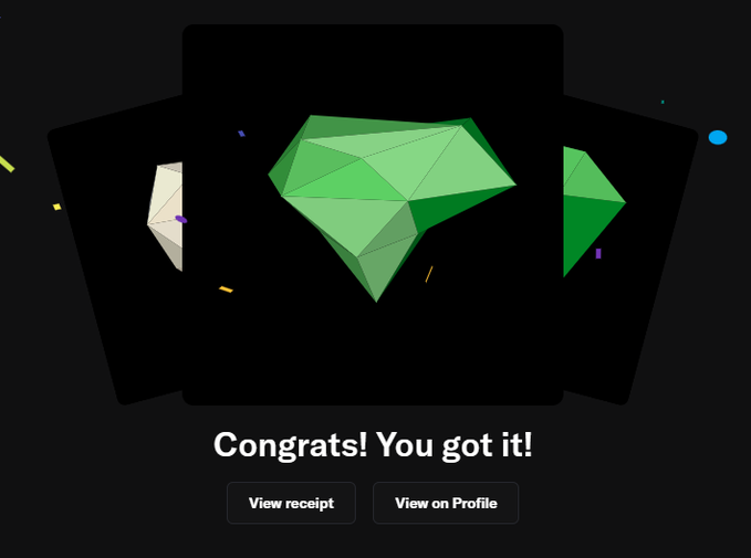 A celebratory cryptoart interface displays "Congrats! You got it!" beneath a 3D-rendered green gem on a black background, with options to "View receipt" or "View on Profile." The image relates to a Talisman shopping checkout featuring core items (cores 2, 3, 6, and 8) as a fully onchain SVG/PNG artwork with 3D model and mechanics by @tokenfox1.