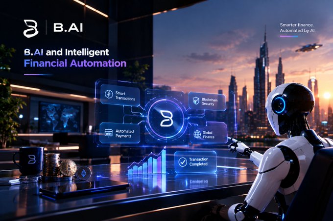 A futuristic promotional graphic for 'B.AI' titled 'B.AI and Intelligent Financial Automation' featuring a humanoid robot at a desk with holographic icons for Smart Transactions, Blockchain Security, Automated Payments, Global Finance, and Transaction Completed, with the tagline 'Smarter finance. Automated by AI.'