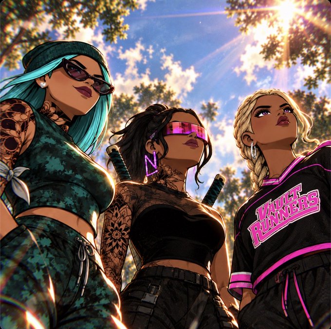 An animated-style illustration shows three stylized female characters posing together outdoors under trees, with the one on the right wearing a 'Vault Runners' jersey.