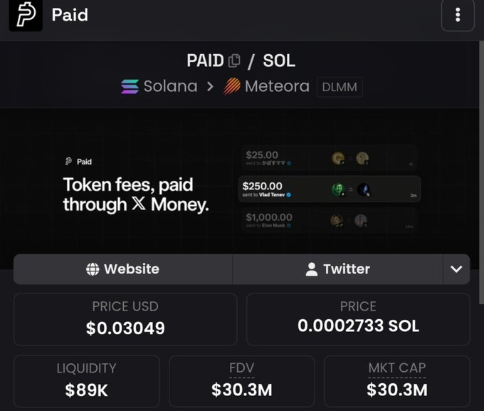 The image shows a trading dashboard for the $PAID/SOL token pair on the Solana blockchain via Meteora (DLMM), displaying a price of $0.03049 USD (0.0002733 SOL) with $89K liquidity and a $30.3M market cap/FDV. The header text reads "Token fees, paid through X Money," which contextualizes the poster's celebration of $PAID's success after a few days, likely referencing how the token facilitated payments through X (Twitter).