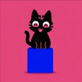 A pixel art illustration shows a black cat with red eyes sitting on a blue block against a bright pink background.