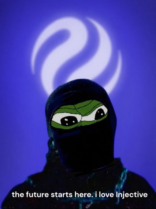 A meme featuring a Pepe-like character in a black balaclava with a glowing Injective logo in the background. The image includes the text "the future starts here. i love Injective," supporting the announcement of Injective's new MCP Server for AI.