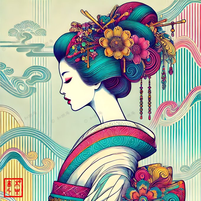 A vibrant illustration of a Japanese woman in profile with teal hair styled with elaborate flowers and hairpins, wearing a colorful kimono with floral patterns.