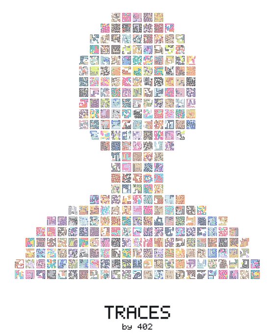 Pixel art collage forming the silhouette of a spade symbol made up of numerous small colorful game sprites and characters, with 'TRACES by 402' text at the bottom.