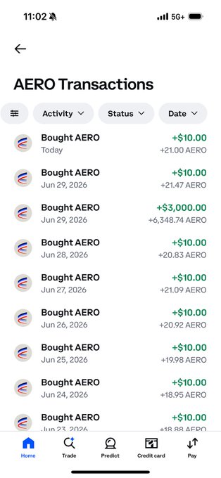 A screenshot of an AERO Transactions page showing a series of recurring $10 purchases of AERO tokens, with totals ranging from around +18 to +21 AERO per transaction, including one larger $3,000 buy on Jun 29, 2026. The recurring small purchases support the poster's sentiment about accumulating $AERO over time.
