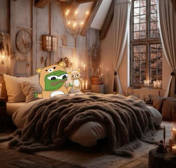 A cozy bedroom scene with a cartoon character in a bear costume holding a teddy bear sitting on a bed with a chunky gray knit blanket.
