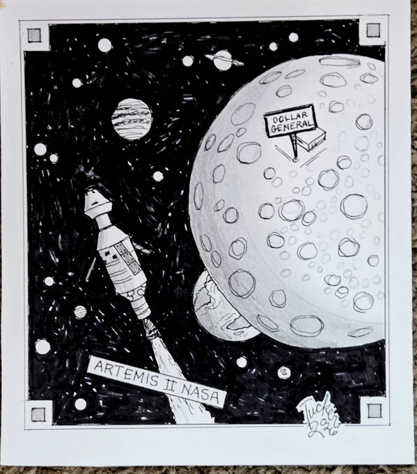 A black and white hand-drawn illustration depicting the NASA Artemis II rocket in space approaching the moon, which features a 'DOLLAR GENERAL' sign planted on its surface, signed 'Lucky Duck Art'.