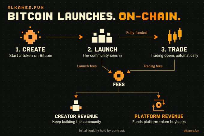 This image is an infographic from **alkanes.fun** titled **"BITCOIN LAUNCHES. ON-CHAIN."** that outlines a three-step token launch process: (1) **Create** a token on Bitcoin, (2) **Launch** with the community joining in, and (3) **Trade** automatically once fully funded. It shows that launch and trading fees flow into a **FEES** pool, which is split between **Creator Revenue** (for community building) and **Platform Revenue** (for token buybacks), with initial liquidity held by contract.

This directly addresses the post's excitement—if realized, alkanes.fun would be **Bitcoin's first purely on-chain launchpad** (not relying on opaque "RadFi" systems like Odin)—and the diagram confirms it is governed transparently by smart contracts, with automated, open trading rather than a black box.