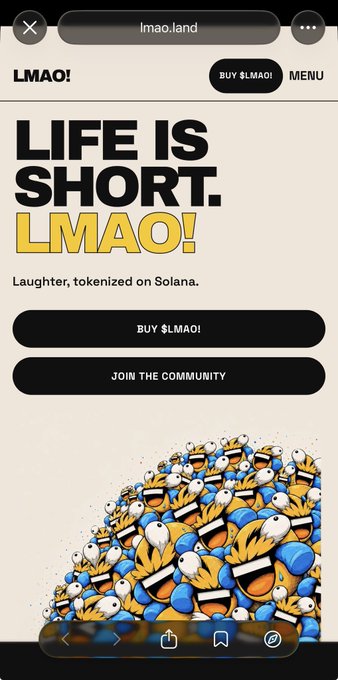 A screenshot of the lmaoland website displays the headline "LIFE IS SHORT. LMAO!" with the tagline "Laughter, tokenized on Solana," alongside $LMAO! purchase and community buttons and a pile of laughing emoji characters.
